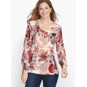 NWT Talbots Soft Merino V-neck Sweater Scenic Autumn City Square print warm 3X